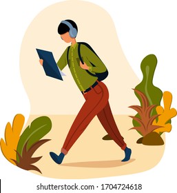 A young man in headphones is walking down the street with a backpack and reading a document. Illustration in a flat style on the theme of work and business.