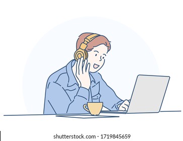 Young man in headphones working on laptop while sitting at home. Work from home concept. Hand drawn in thin line style, vector illustrations.