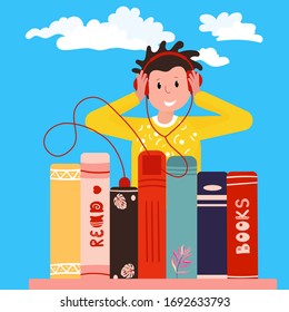 Young Man With Headset Is Listening Audiobook. Student Is Reading E-book From Online Library. Teenager With Headphones Has E-learning. Bookshelf With Colorful Books.  