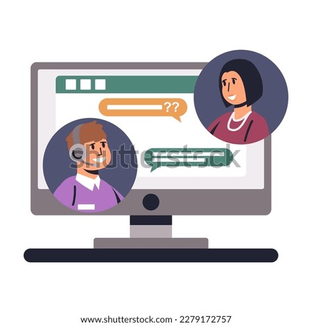 Young man in headset working as call center operator. Online technical support. Hotline operator helping client. Customer service communication. Vector