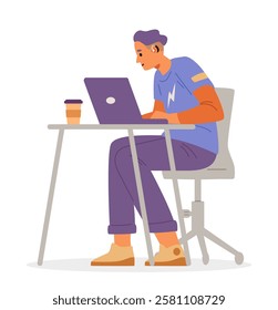 Young man with hearing aid working at laptop flat vector illustration isolated on white. Inclusive workplace concept. 