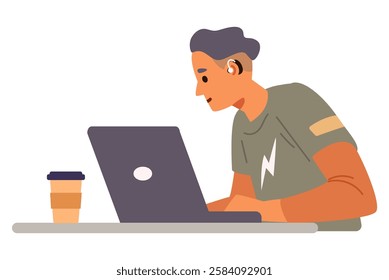 Young man with hearing aid working at laptop flat vector illustration isolated on white waist-high. Inclusive workplace concept. 