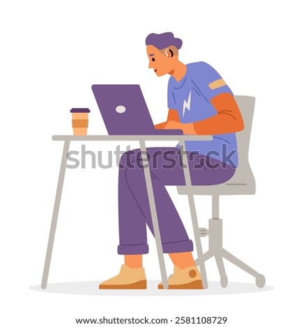 Young man with hearing aid working at laptop flat vector illustration isolated on white. Inclusive workplace concept. 