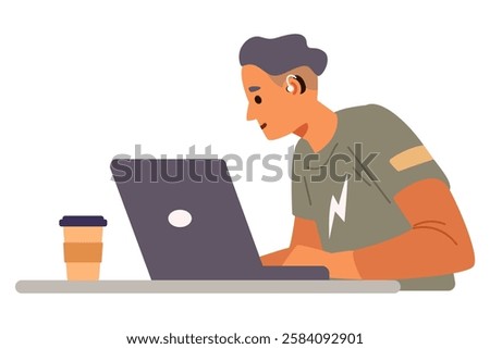 Young man with hearing aid working at laptop flat vector illustration isolated on white waist-high. Inclusive workplace concept. 