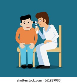 Young man with hearing problem visiting a doctor. Vector illustrations in cartoon style. Hearing test. Concept for hearing loss, hearing problem, deafness, medical care for hearing impaired people.