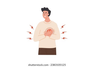 Young man with heart pain touching his chest. Cardiac Distress. A person experiencing a heart attack. Vector illustration isolated on white background.