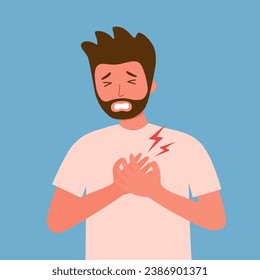 Young man with heart pain touching his chest in flat design. Heart attack concept.