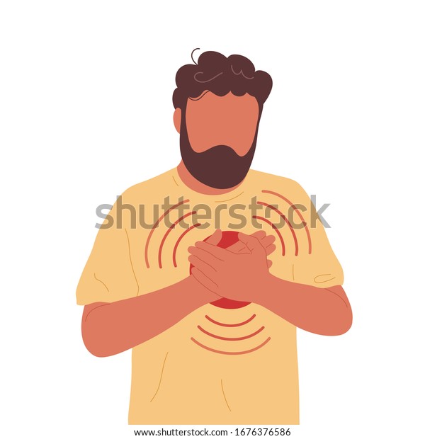 Young man with\
heart pain touching his chest. Flat modern trendy style.Vector hand\
drawn character illustration. Isolated on white background. Heart\
attack, stroke concept.