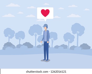 young man with heart in speech bubble on the camp