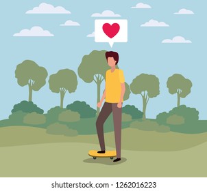 young man with heart in speech bubble on the camp