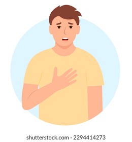 A young man with heavy breathing and shortness of breath. Breathing problem, asthma,respiratory illness. Vector illustration