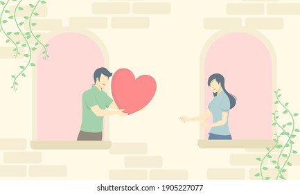 Young man held a big heart to young woman popped out of the window.Flat design style.Vector illustration about love and valentine's day.
