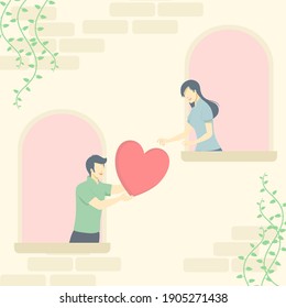 Young man held a big heart to young woman popped out of the window.Flat design style.Vector illustration about love and valentine's day.