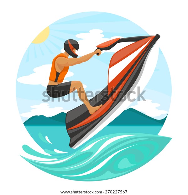 young man in a helmet and life jacket on a water bike jumping over the