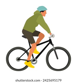 Hombre joven en el casco monta una bicicleta estilo plano ilustración vectorial