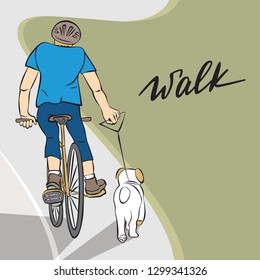 Young man in a helmet riding a bike along the road with white dog, running behind him. Friendship between man and dog. Spring and summer outdoor sport activity. Vector illustration in neutral colors