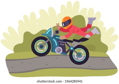 Young man in helmet riding motorcycle on background of nature landscape. Hipster motorcyclist driving motorcycle on road and doing stunts. Guy is engaged in extreme sports. Riding bike in park