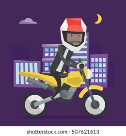 Young man in helmet riding a motorcycle on the background of night city. Man driving a motorbike on city road. Hipster man riding a motorcycle at night. Vector flat design illustration. Square layout.