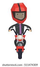 Young man in helmet riding a motorcycle. Caucasian man driving a motorbike. Happy man riding a motorcycle. Vector flat design illustration isolated on white background.