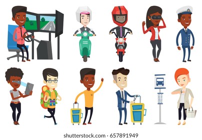 Young man in helmet riding a motorcycle. Man driving a motorbike. Happy man riding a motorcycle. African ship captain in uniform. Set of vector flat design illustrations isolated on white background.