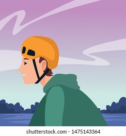 Young man with helmet riding on skateboard cartoon in the park outdoors scenery ,vector illustration graphic design.