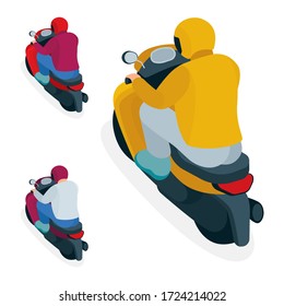 Young man in helmet riding a scooter. Top, side and back view of male character riding a motorbike. Isometric vector illustrations set. Part of collection.