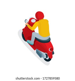 Young man in helmet riding a scooter. Top, side and back view of male character riding a motorbike. Isometric vector illustrations set. Part of collection.