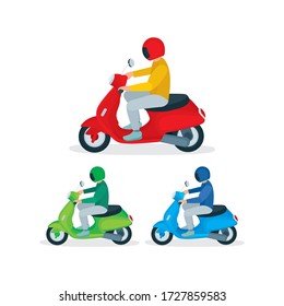 Young man in helmet riding scooter  Top   side view male character riding motorbike  Isometric vector illustrations set  Part collection 