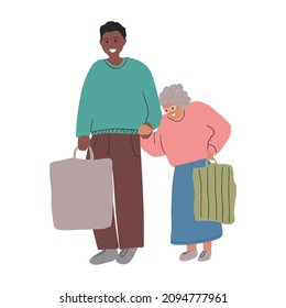 Young man  helping elder grey haired woman with grocery shopping. Strolling with old lady. Flat style vector illustration isolated on white background