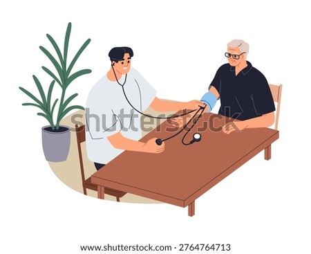 Young man helping elderly old aged, measuring blood pressure. Checking, monitoring heart health, BP with tonometer, home care. Hypertension test. Flat vector illustration isolated on white background