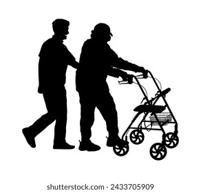 Young man helping elderly woman to use walker rollator vector silhouette.