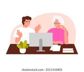 Young man helping elderly woman use computer, grandson teaching grandma vector illustration