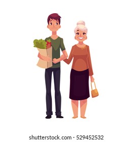 Young man helping grandmother with shopping, cartoon vector illustration isolated on white background. Full length portrait carrying shopping bags for his grandma, volunteering, social assistance