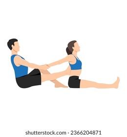 Young man helping his female partner to stretch for seated forward bend pose, paschimottanasana. Flat vector illustration isolated on white background