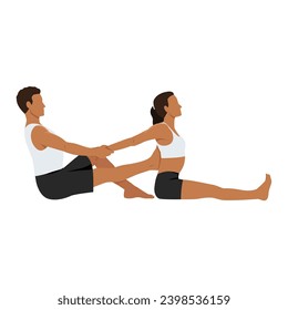 Young man helping his female partner to stretch for seated forward bend pose, paschimottanasana. Flat vector illustration isolated on white background