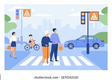 Young Man Helping Old Woman Crossing Road Flat Vector Illustration. Cartoon Elderly Walking Town Crosswalk With Help Of Guy. Urban Lifestyle And Cityscape Concept