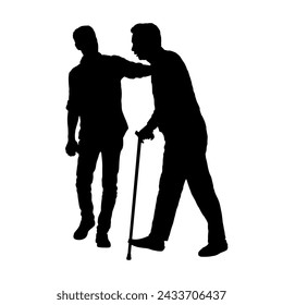 Young man helping older man walking with walking stick vector silhouette.	