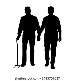 Young man helping senior man walking with quad cane walking aid vector silhouette.