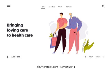Young Man Helps Elder Senior with Shopping Landing Page. Social Worker with Old Man Character. Elderly Concept Health Care Assistance Website Banner Template. Vector flat cartoon illustration