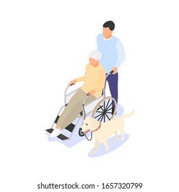 A Young Man Helps An Elderly Woman To Travel In A Wheelchair With A Dog. Volunteering Concept, Social Assistance, Elderly Care. Isolated Vector Isometric Illustration On A White Background.