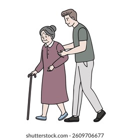A young man helps an elderly woman walk with a cane. Flat-style illustration showing care, support, and age-friendly values. Great for healthcare, senior care, or social service designs.