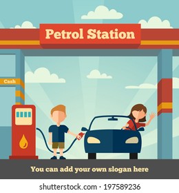 Young man helps girl to fuel her car. The Petrol station concept