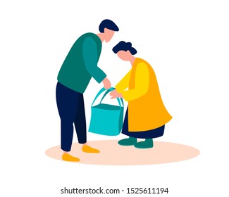 Young Man Helps Grandmother With Heavy Bags. Good Deed -vector Illustration