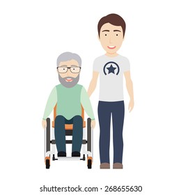 Young Man Helps His Disabled Grandpa on a Wheelchair. Vector Flat Illustration.