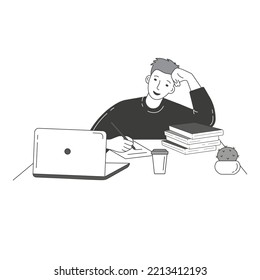 A young man at her desk, looking at her computer. Black and white online learning. Distance education. Online courses. Webinar