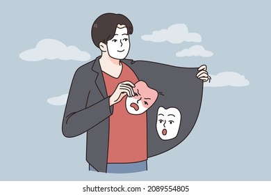 Young man hide true emotions under mask suffer from mood swing or mental bipolar disorder. Unhealthy guy struggle with psychological disease or depression. Psychiatry concept. Vector illustration. 