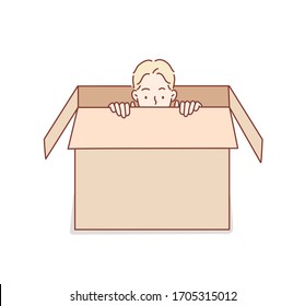 Young man hiding in a carton box. Hand drawn style vector design illustrations.