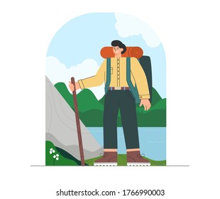 Young man in hiking clothes and  backpack, standing on nature background, mountains, forests, natural landscape. Tourist holding a stick. Flat style vector illustration.