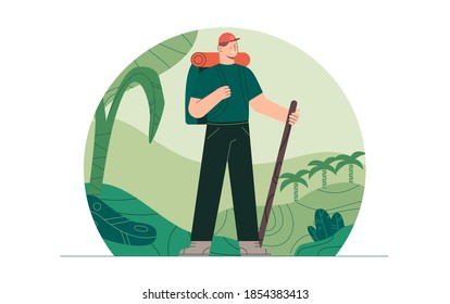 Young man in hiking clothes and backpack, standing on nature background, jungle forests, natural landscape. Tourist holding a stick. Flat style vector illustration.