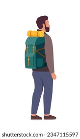 Young man hiking tourist with a backpack. The concept of outdoor activities. Trekking, backpacking. Vector illustration